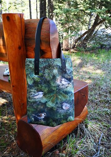 "A Birder's Quest" chickadee canvas handbag