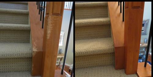 A bull mastiff puppy decided to teeth on the staircase, in fact he "ate" the stairs all the way to the top.  After some very extensive and creative touch ups, we restained and gave them a new staircase.