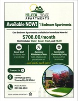 Available NOW! 1 Bedroom Apartments $708/month