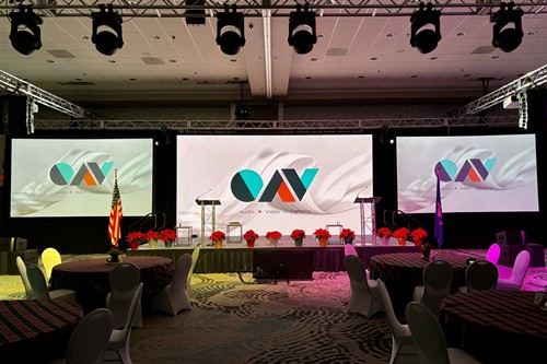 A ballroom transformed for a big production. Featuring an LED video wall, two rear-projection screens, and stage lighting designed to bring the room and the event to life. 