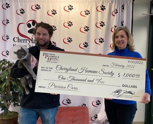 Cherryland Humane Society was presented a check for $1,000 in February 2022 to assist in the care of abused dogs.