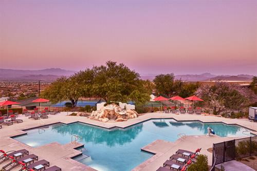 Resort leisure pool with views of the McDowell Mountains.