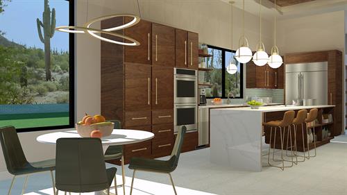 A conceptual design of a remodeled kitchen that highlights our Saguaro Kitchen & Bath Revamp design package we pffer.