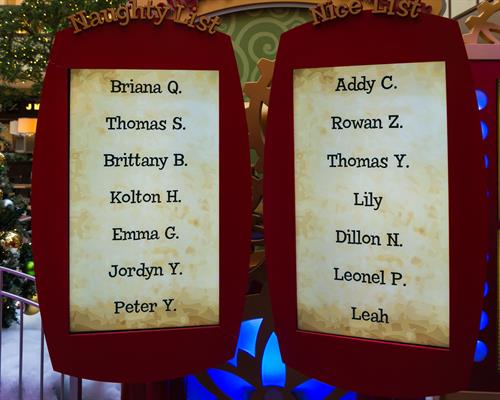 Naughty or Nice List at Danbury Fair's Santa HQ set sponsored by HGTV
