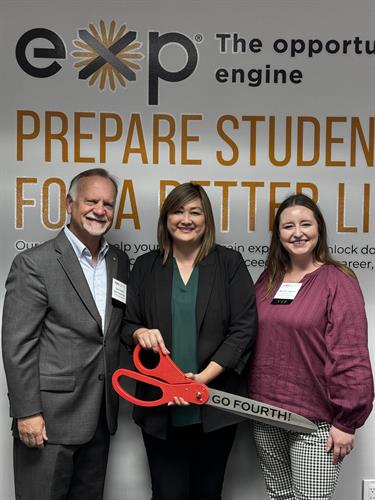 Ribbon cutting: Councilman Supernaw, EXP CEO Mary Tran, and LB Chamber Natalie Leighton