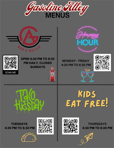 Scan the QR codes to see Gasoline Alley's menus!