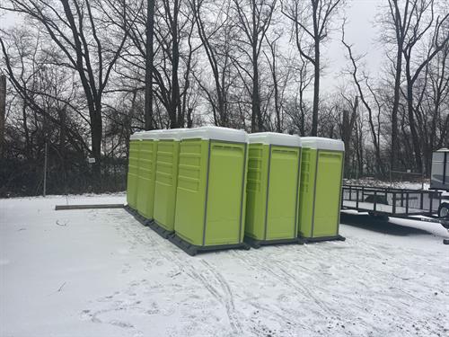 First half of our PolyJohn Fleet inventory staged and waiting for prep. We chose PolyJohn for their industry-leading durability and comfort.