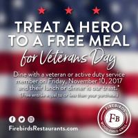 Military & Veterans Eat Free at Firebirds Wood Fired Grill Nov 10th to Honor Veterans Day