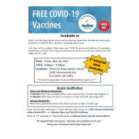 AFMC, Christ the King Catholic Church and the Arkansas Department of Health are partnering to provide Free COVID-19 Pfizer vaccines to individuals aged 5 & up.