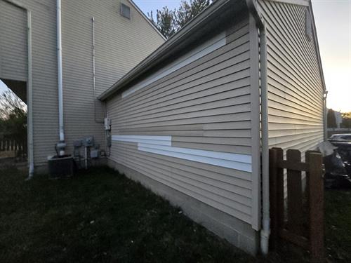 Reused siding per owners request. Replaced framing sheathing insulation and replaced / reused existing siding on entire side of house. 
