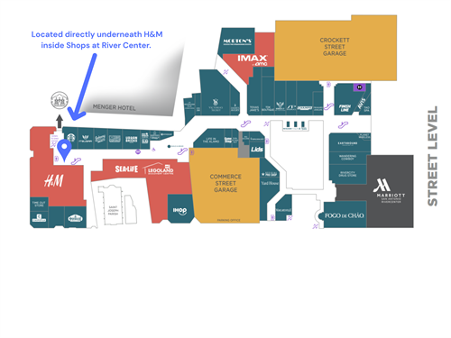 Locator Map - Located beneath H&M inside Shops at Rivercenter.