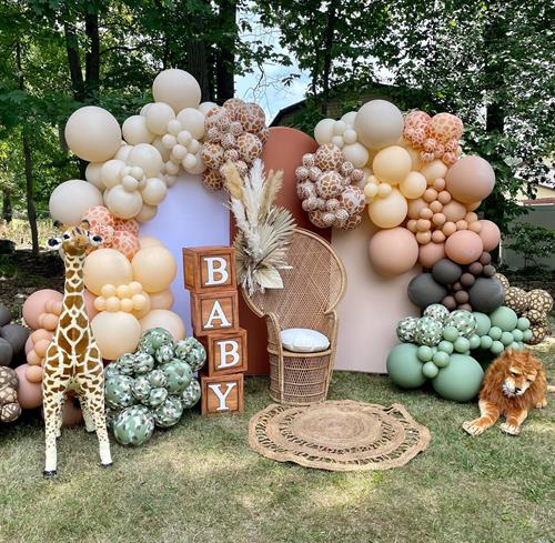 Giraffe themed babyshower featuring our 3 panel fabric walls for rent!