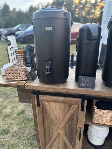 Tea & Coffee Station at outdoor bar service at wedding in Keene, New Hampshire