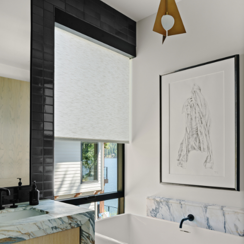 Inside mounted roller shade in custom-cut, powder coated aluminum enclosure box