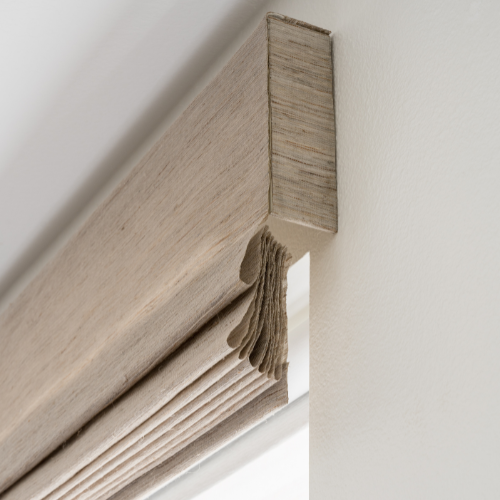 Close up of woven Roman shade valance