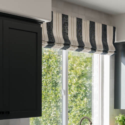 Outside mounted mock Roman shade in Montauk - Stripe