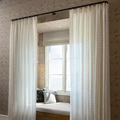 Dual treatment drapery in Natalie - Snow and outside mounted Roman shade in Barcelona - Stone