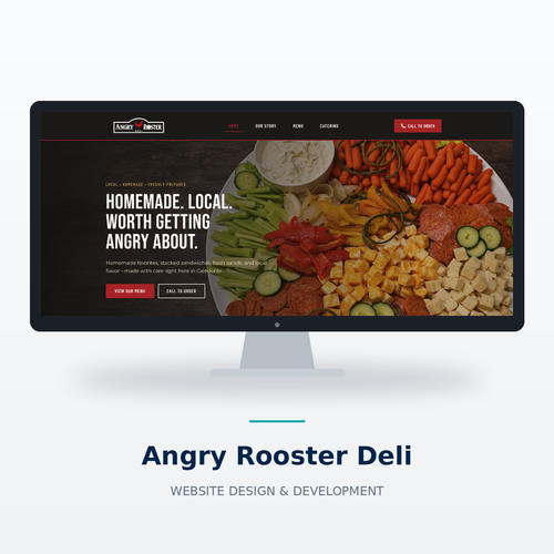 A bold, personality-filled website for Angry Rooster Deli, highlighting fresh food, local flavor and easy access to the menu.
