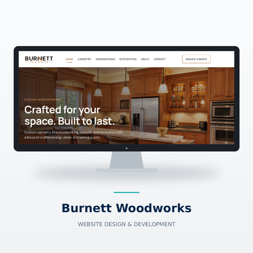 A warm, inviting website for Burnett Woodworks, showcasing custom cabinetry, fine woodworking and historic restoration.