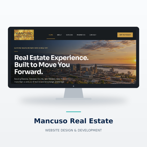 Custom website design for Mancuso Real Estate, featuring bold visuals, clear navigation and convenient property search options.