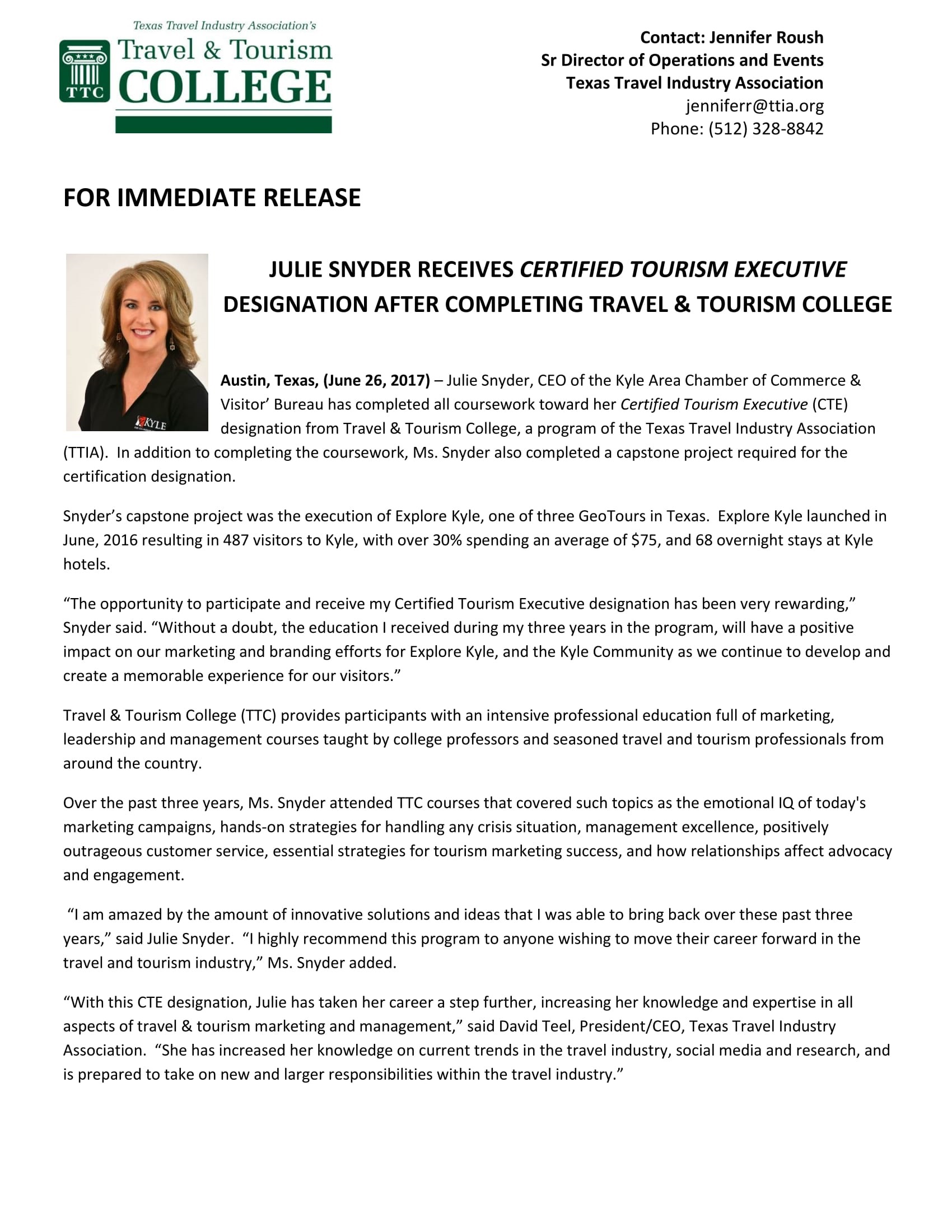 Image for Julie Snyder Receives Certified Tourism Executive Designation After Completing Travel and Tourism College