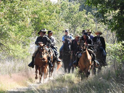 Civil War reenactors riding on the old Ford Road.