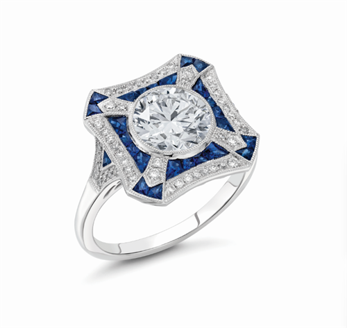 Art Deco inspired sapphire and diamond ring in platinum. 