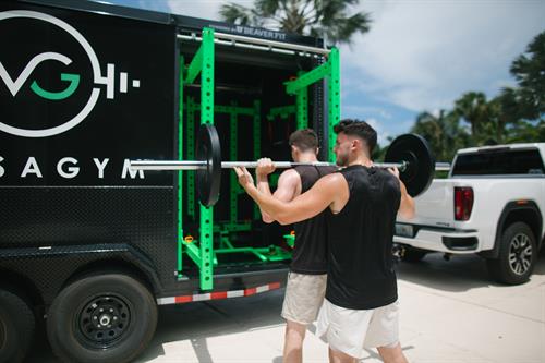 A view of one of two squat racks that comes equipped with our mobile gym 