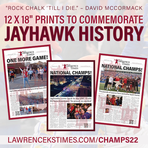 Lawrence Times commemorative posters celebrate the Jayhawks' championship victory. Details: lawrencekstimes.com/champs