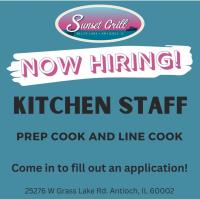 Hiring Prep and Line Cooks at Sunset Grill