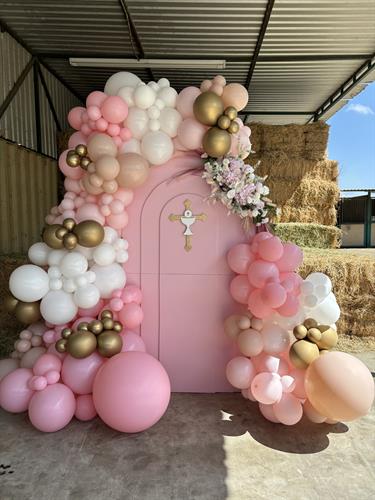 backdrop, silk flowers & balloons