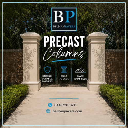 Elegant precast columns with beautiful pavers and lighting.