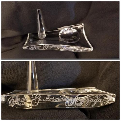 This crystal ring holder became special when it had the name of the recipient hand engraved.