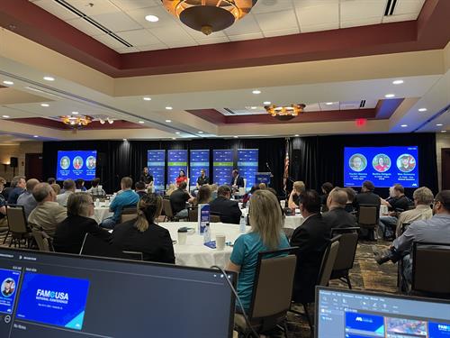 AV, drapes,  and lighting provided by America's Party Pros for The Manufcaturing Institute's "Fame 2023" conference at Embassy Suites Huntsville.