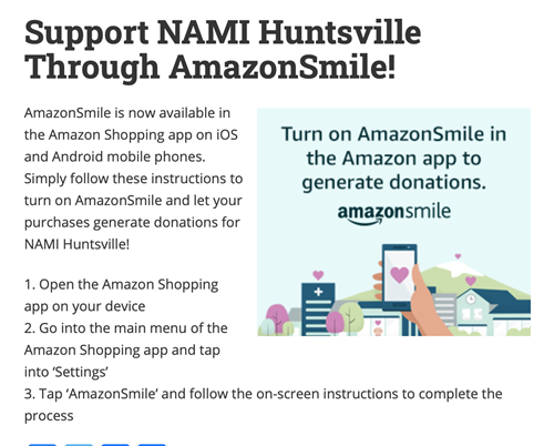 Add NAMI Huntsville as your Amazon Smile Charity! Add NAMI Huntsville as your Amazon Smile Charity!
