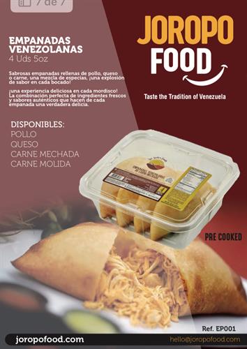 Empanadas Precocidas Venezolanas: Descubre una explosión de sabores con rellenos de queso, pollo, carne mechada, cazón y carne molida, perfectas para disfrutar en cualquier momento; una opción deliciosa que trae la auténtica gastronomía venezolana directamente a tu mesa. ¡Disponibles a solo un click!