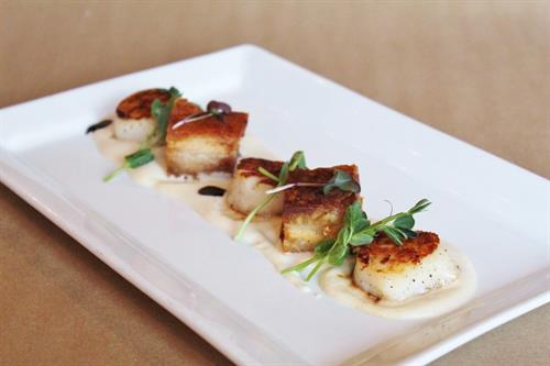 Seared Scallops and Pork Belly – Cauliflower-Parmesan Cream, Balsamic Glaze