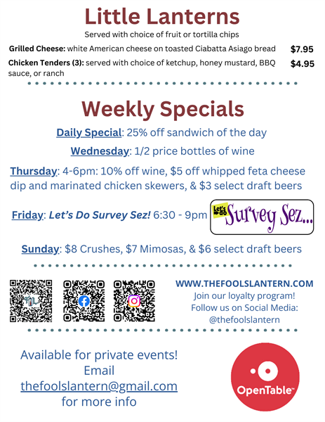 Kids Menu and Weekly Specials