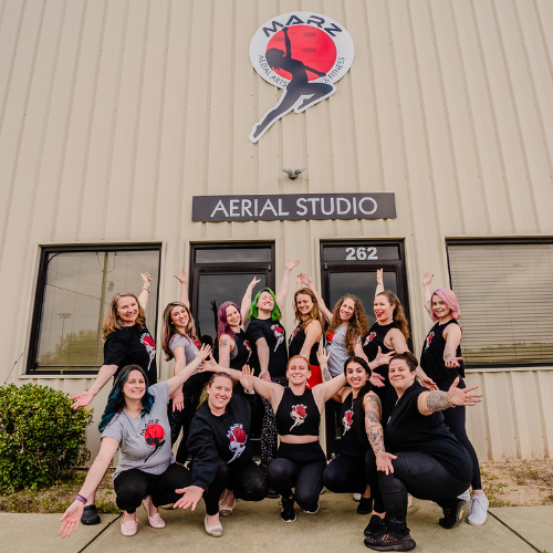 Members of our Marz Aerial Team in front of our new Aerial Studio!