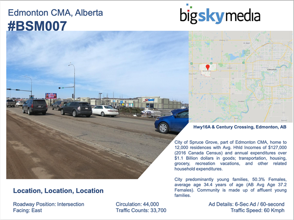 Hwy16A & Century Crossing, Edmonton, AB - City of Spruce Grove, part of Edmonton CMA, home to 12,000 residences with Avg. Hhid Incomes of $127,000 (2016 Canada Census) and annual expenditures over $1.1 Billion dollars in goods; transportation, housing, grocery, recreation vacations, and other related household expenditures. City predominantly young families, 50.3% Females, average age 34.4 years of age (AB Avg Age 37.2 Females). Community is made up of affluent young families.