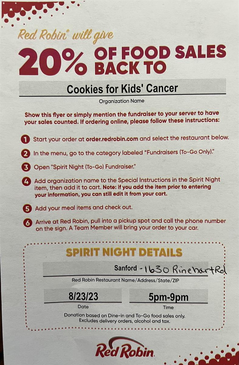 Cookie for Kids' Cancer X Red Robin = HOPE Aug 23, 2023 Seminole