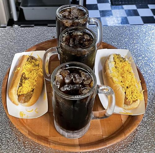 Chili Cheese Dogs with Frosted glass mugs