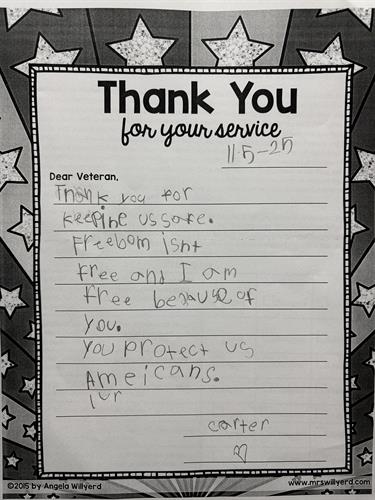 A letter from a student given to veterans at a event at Layland Museum 