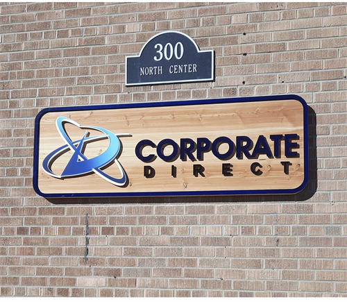 Corporate Direct, wood back with dimensional letters