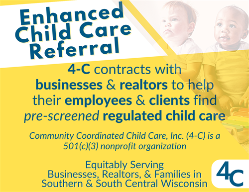 Enhanced Child Care Referral is a great perk for employers & realtors to offer! Help employees/clients find child care with this unique one-on-one service. https://www.4-c.org/community/enhanced-referrals/