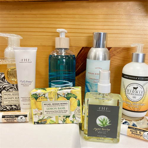 Body & Bath lines include: Thymes, Dionis, Michel Design Works, and Farmhouse Fresh. 