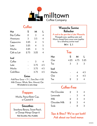 Full coffee, espresso and drink menu