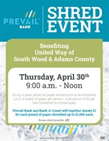 Free Community Shred Day at Prevail Bank - Wisconsin Rapids, April 30