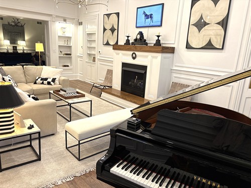 Our Living Room w Self Playing Grand Piano & Fireplace