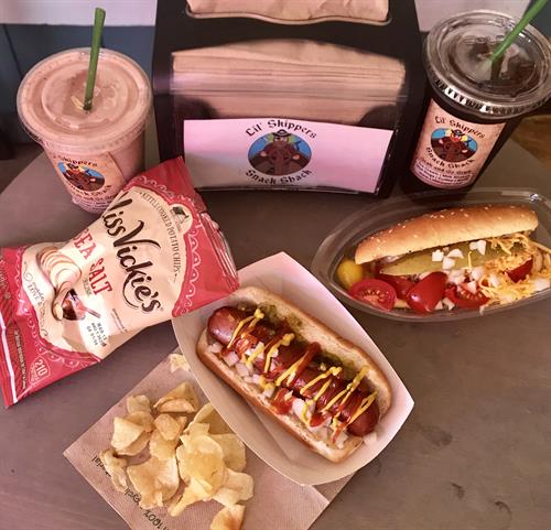 Craft hot dog, snack and a drink daily special $10 or less.